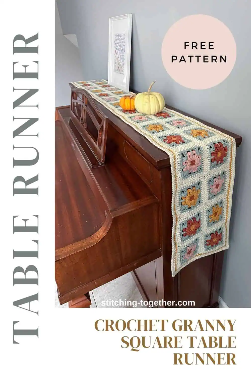 graphic with image of a crochet granny square table runner on the back of a piano and text reading "table runner, crochet granny square table runner, free pattern"