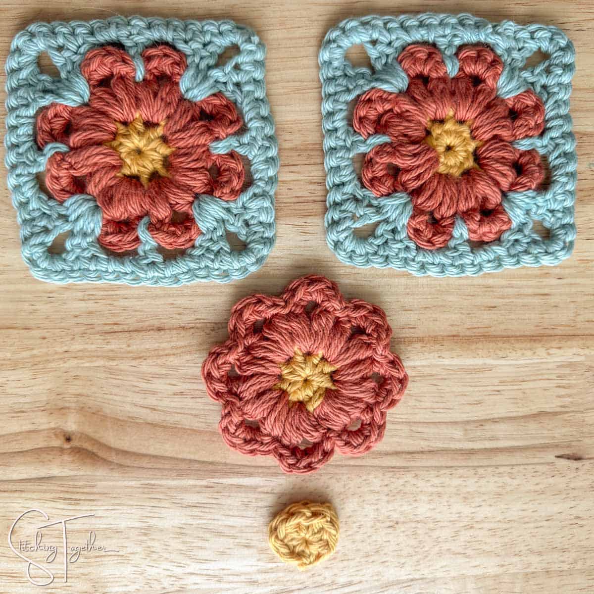 several parts of a flower granny square laid out
