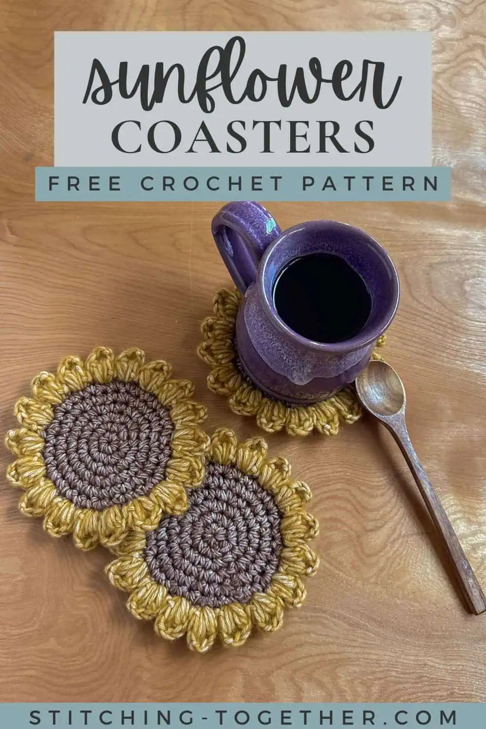 crochet sunflowers coasters and a mug with text overlay reading "sunflower coaster free crochet pattern"