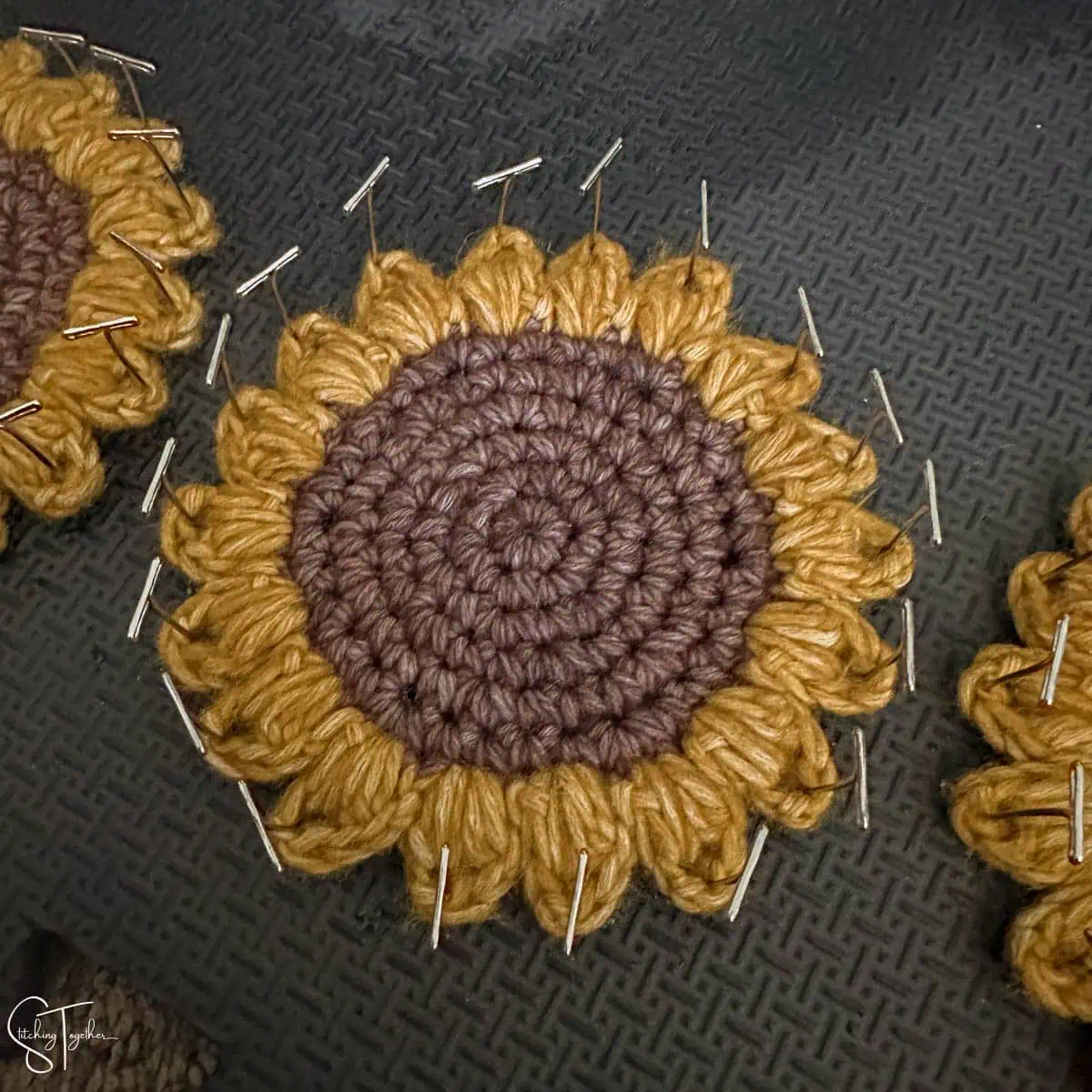 crochet sunflower being blocked