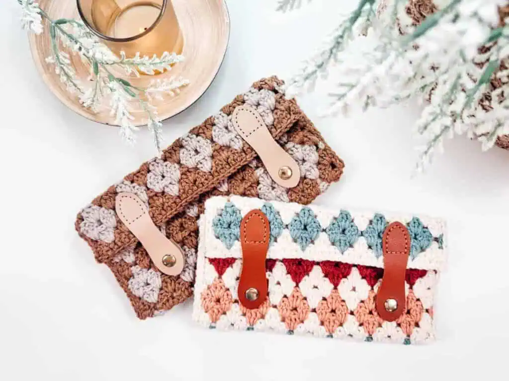 2 granny stitch clutches laying flat