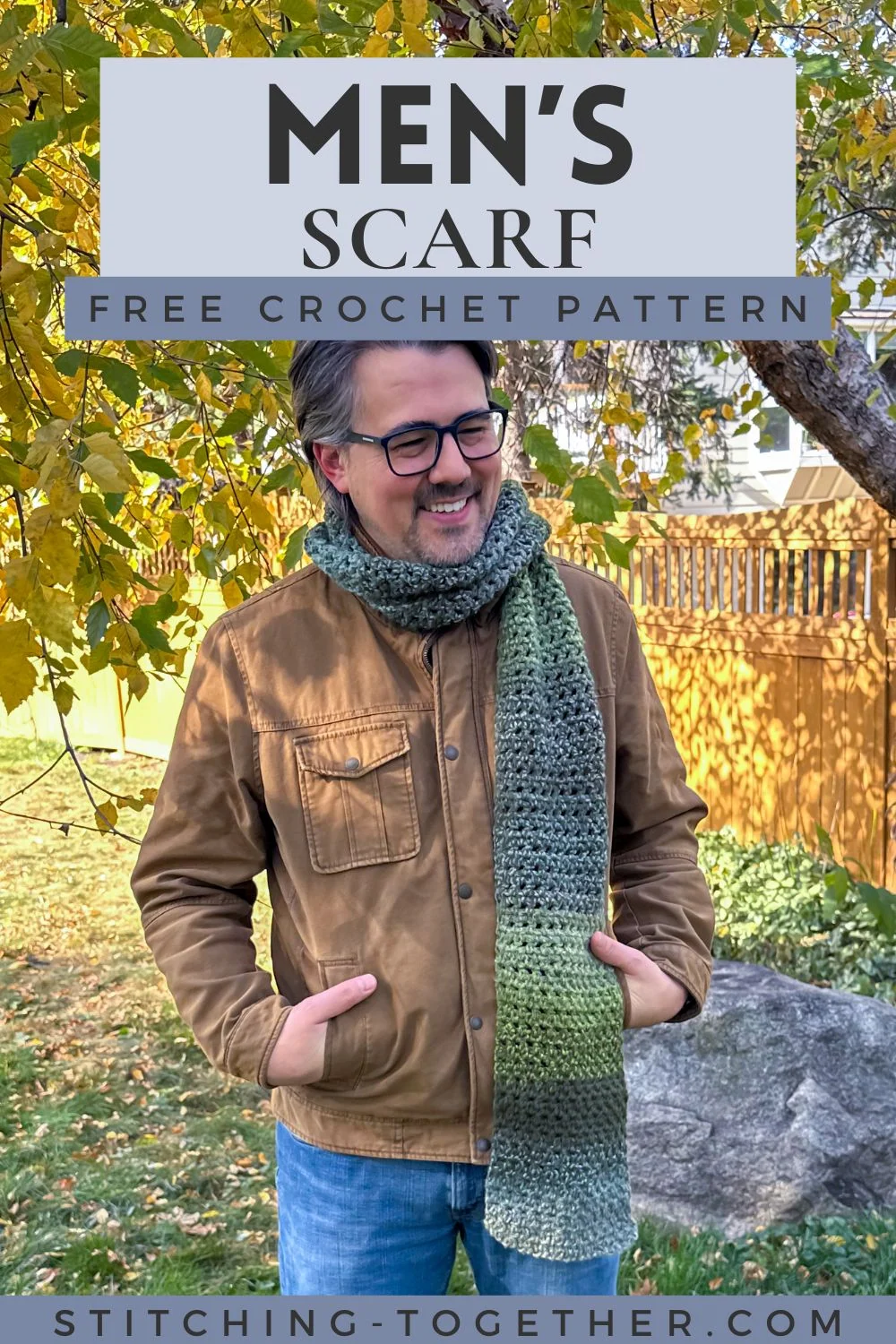 man wearing a green crochet scarf with text overlay reading "men's scarf free crochet pattern"