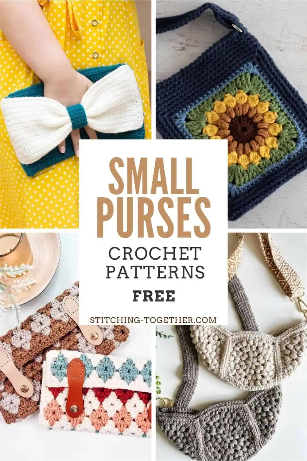 collage pin of crochet bags with text overlay reading "small purses crochet patterns free"