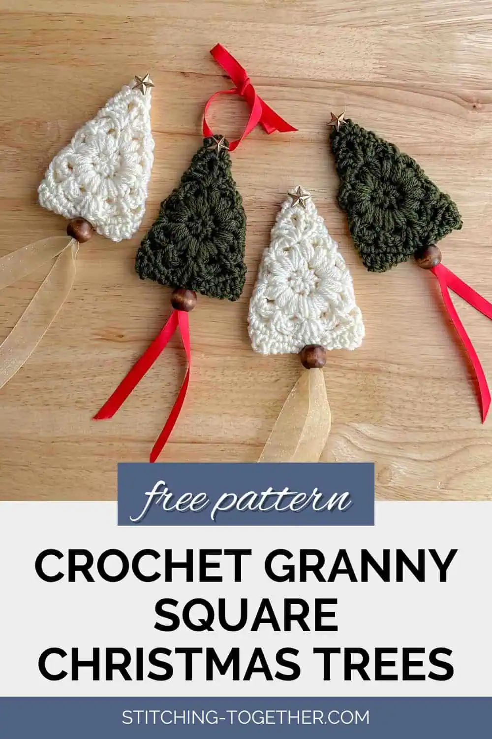 4 granny square christmas tree ornaments with text reading "crochet granny square christmas trees free pattern."