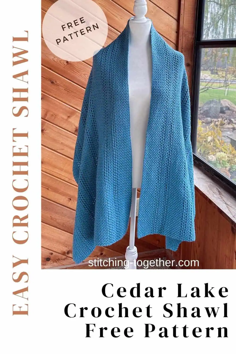 pin with a blue crochet shawl and text reading "easy crochet shawl" and "cedar lake crochet shawl free pattern"