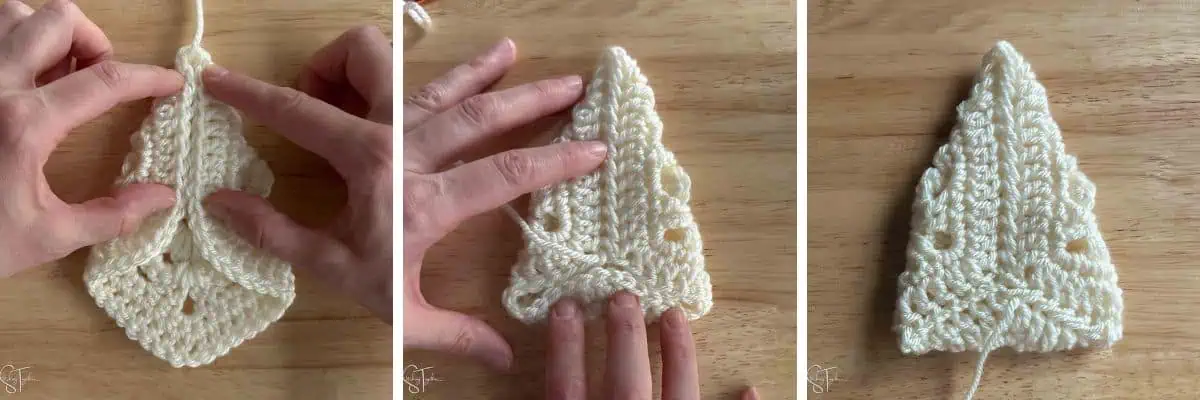 three images showing how to fold a granny square into a Christmas tree