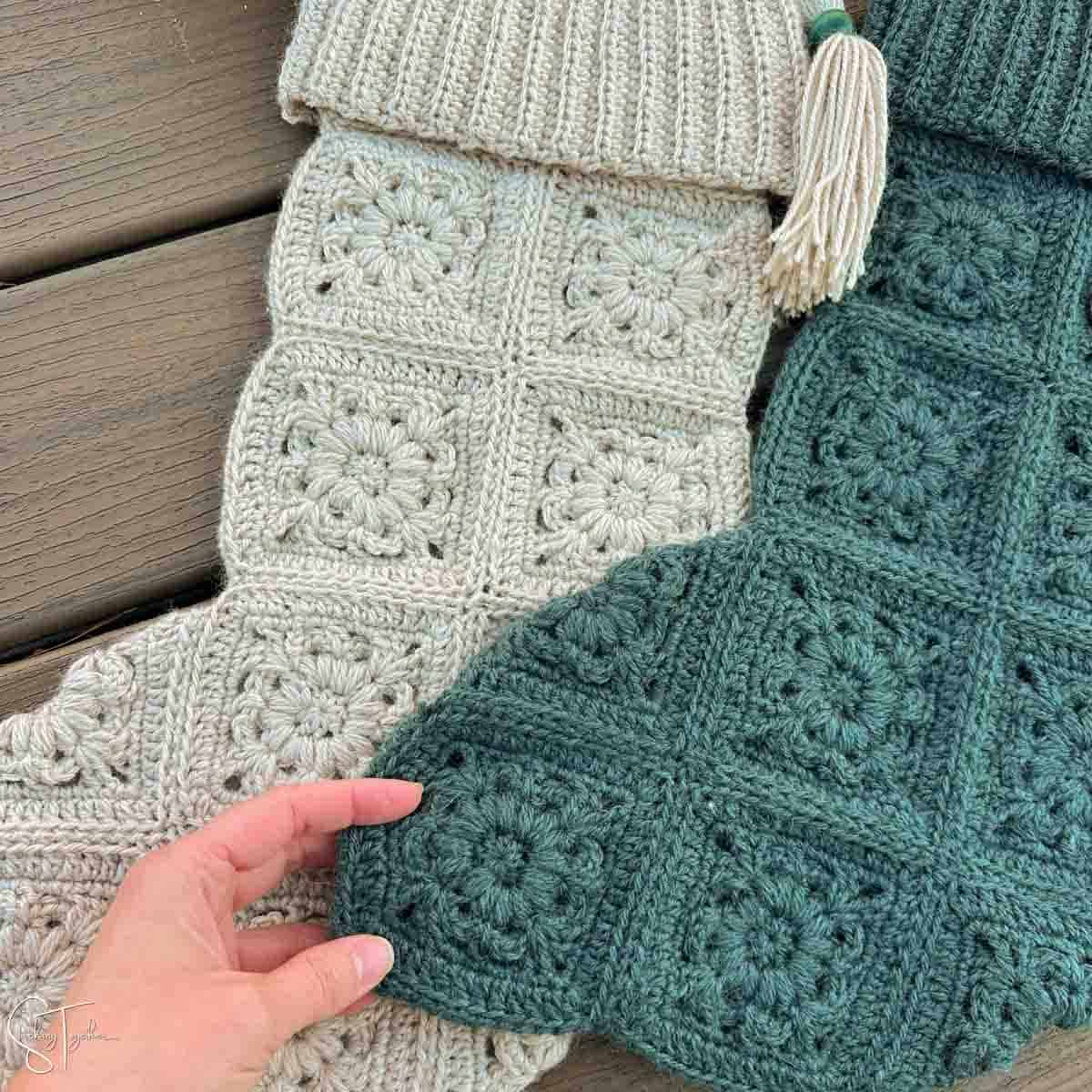 close up of granny square stockings