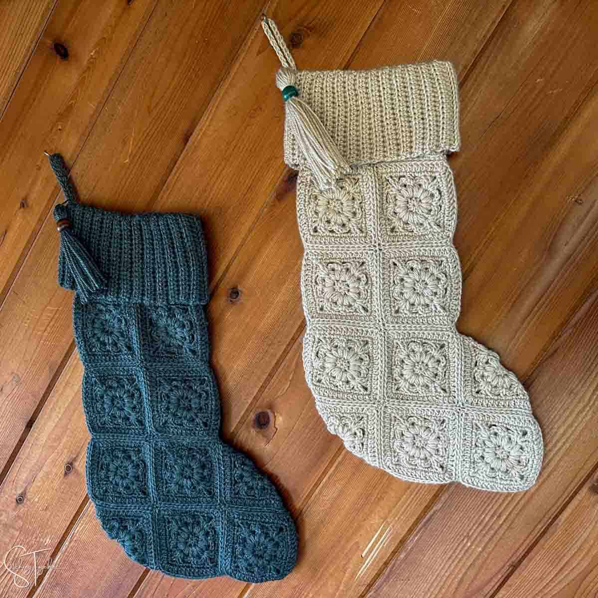 2 crochet granny stockings hanging