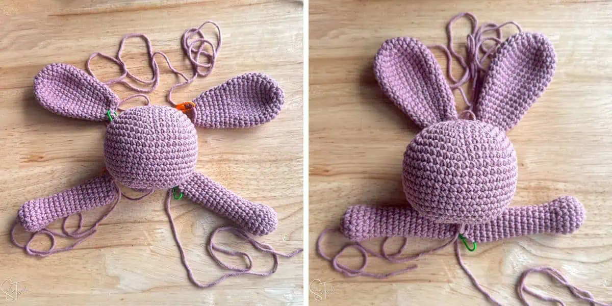 collage of crochet bunny parts being laid out and ready to assemble