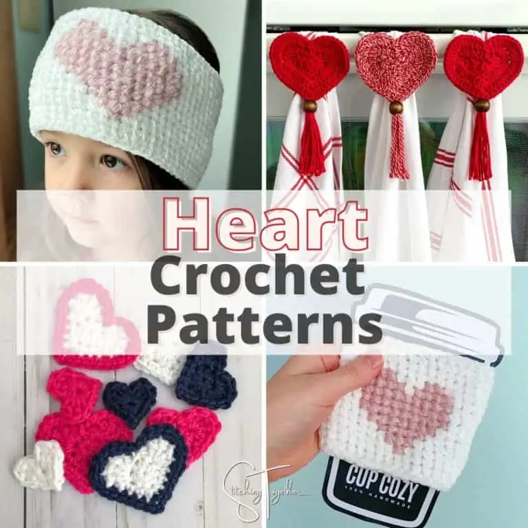 collage of different crochet patterns with hearts with text overlay reading "heart crochet patterns"