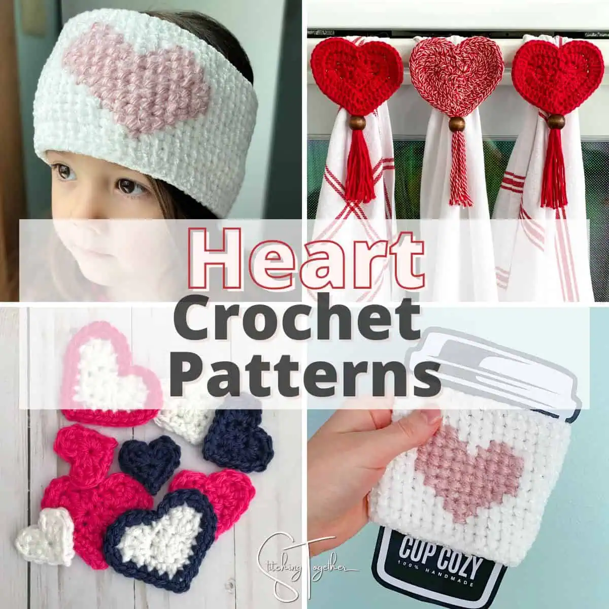 collage of different crochet patterns with hearts with text overlay reading "heart crochet patterns"