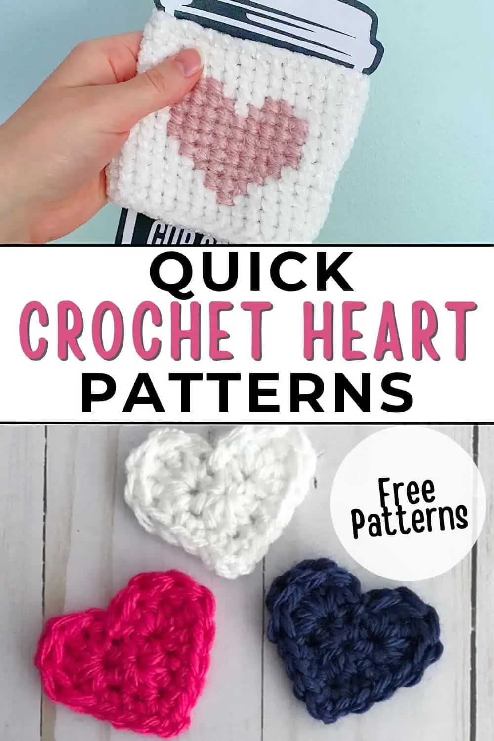 two different crochet heart projects with text overlay reading "quick crochet heart patterns. Free patterns"
