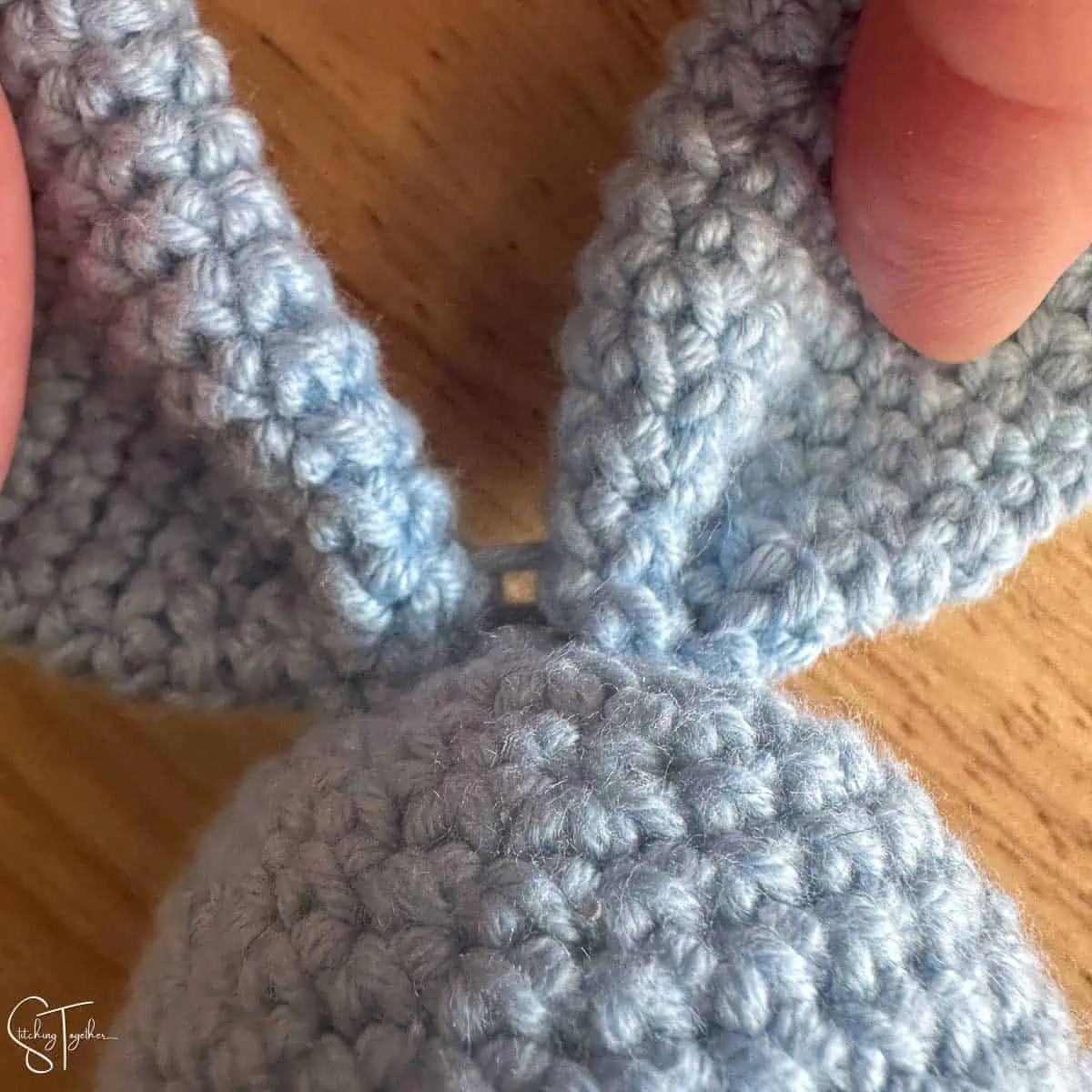 closeup of crochet bunny ears