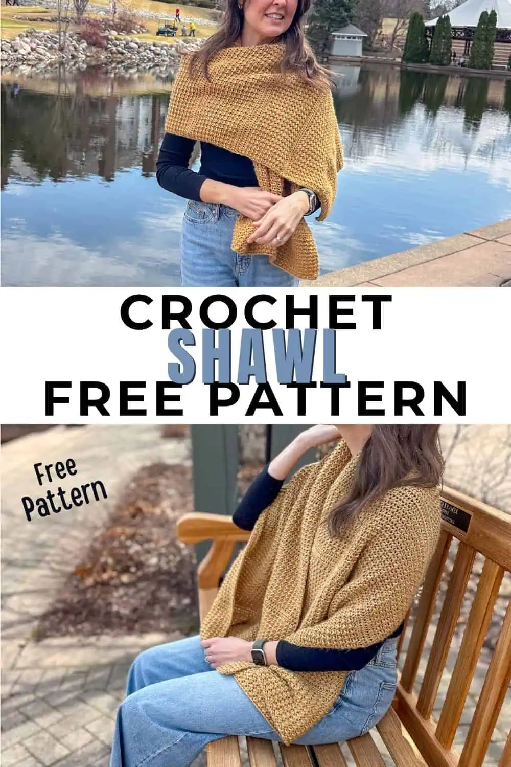 different images showing a golden crochet shawl with text overlay reading "crochet shawl free pattern"
