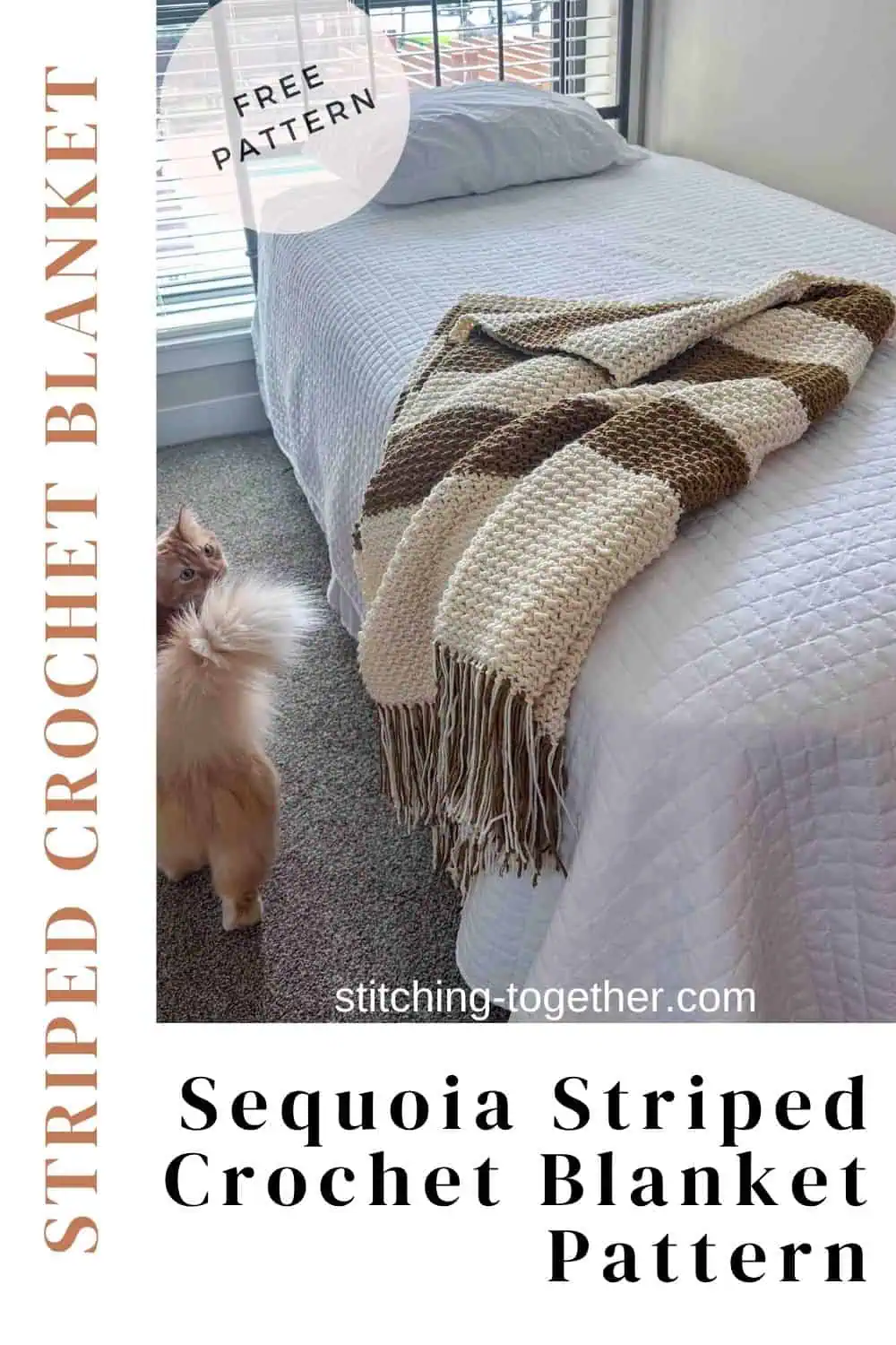 crochet blanket with fringe draped on a bed with text overlay "striped crochet blanket, Sequoia Striped Crochet Blanket Pattern"