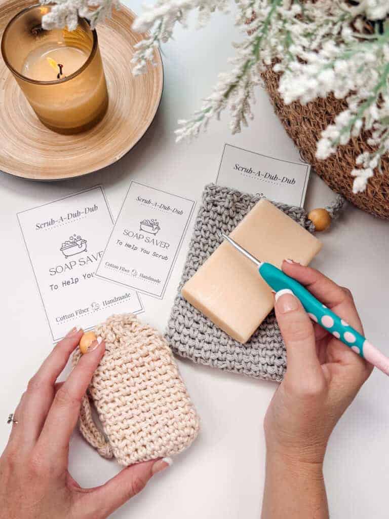 crochet soap bag with hook and soap