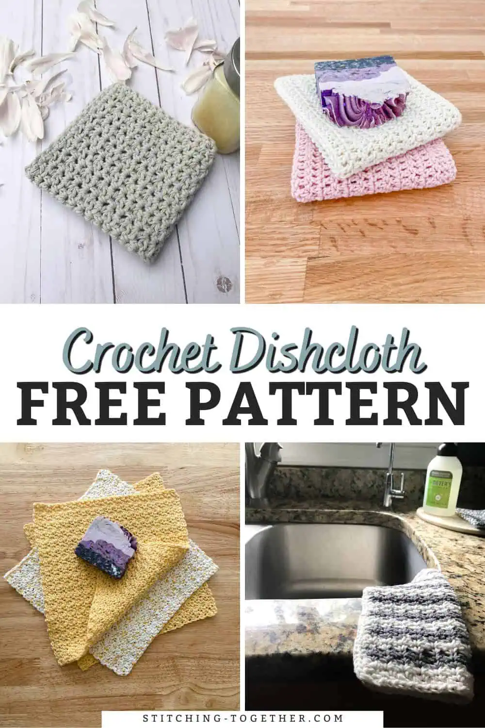 collage image of different crochet cloths with text reading "crochet dishcloth free pattern"