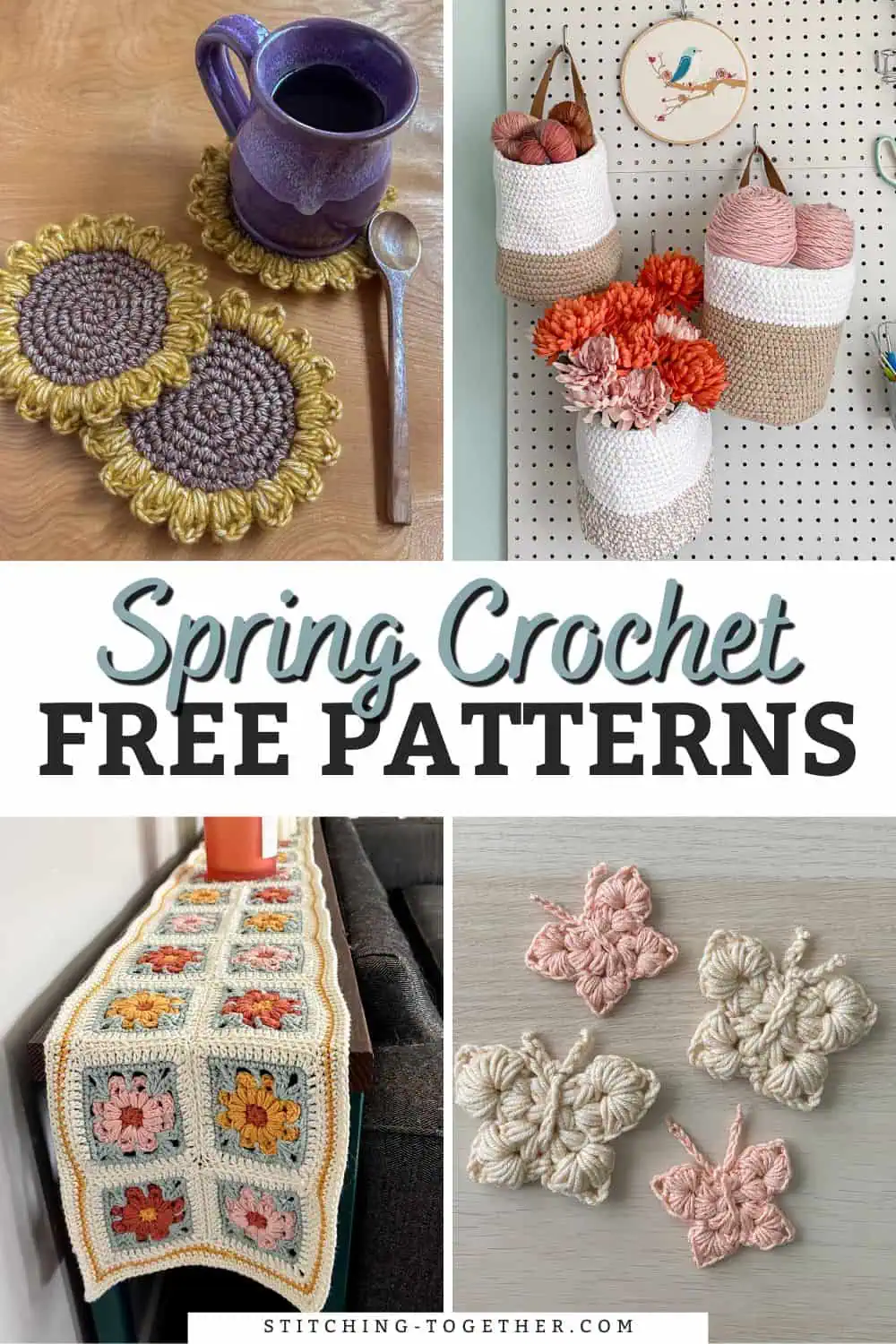 4 different floral crochet project images with text overlay reading "spring crochet free patterns"