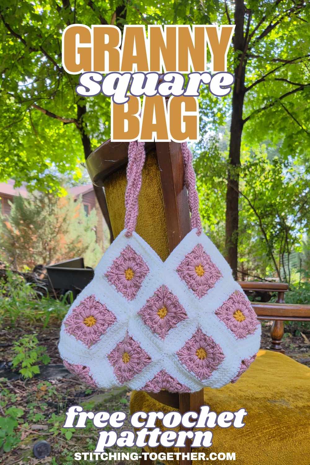 purse hanging with text overlay reading "granny square bag free crochet pattern"