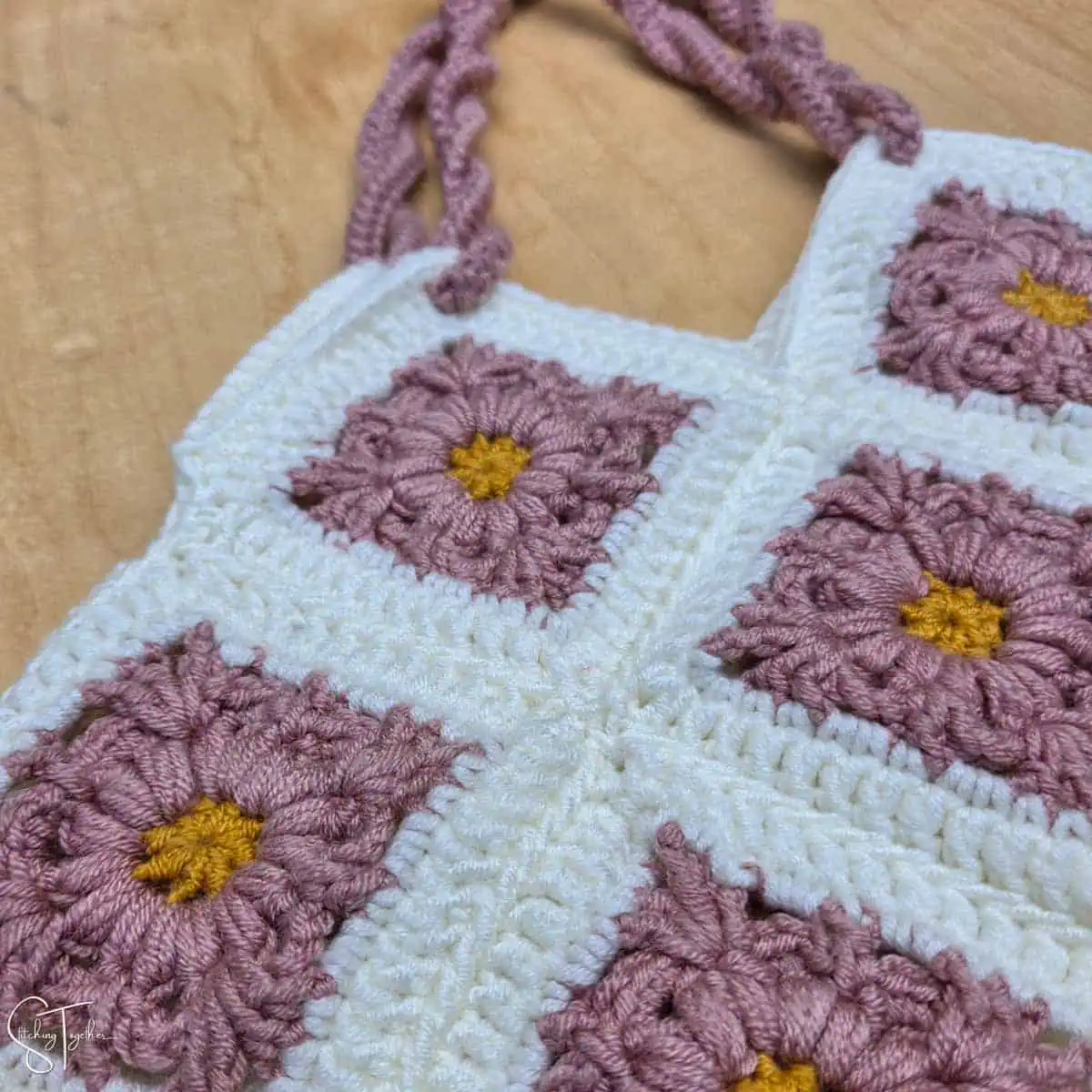 close up of granny square bag