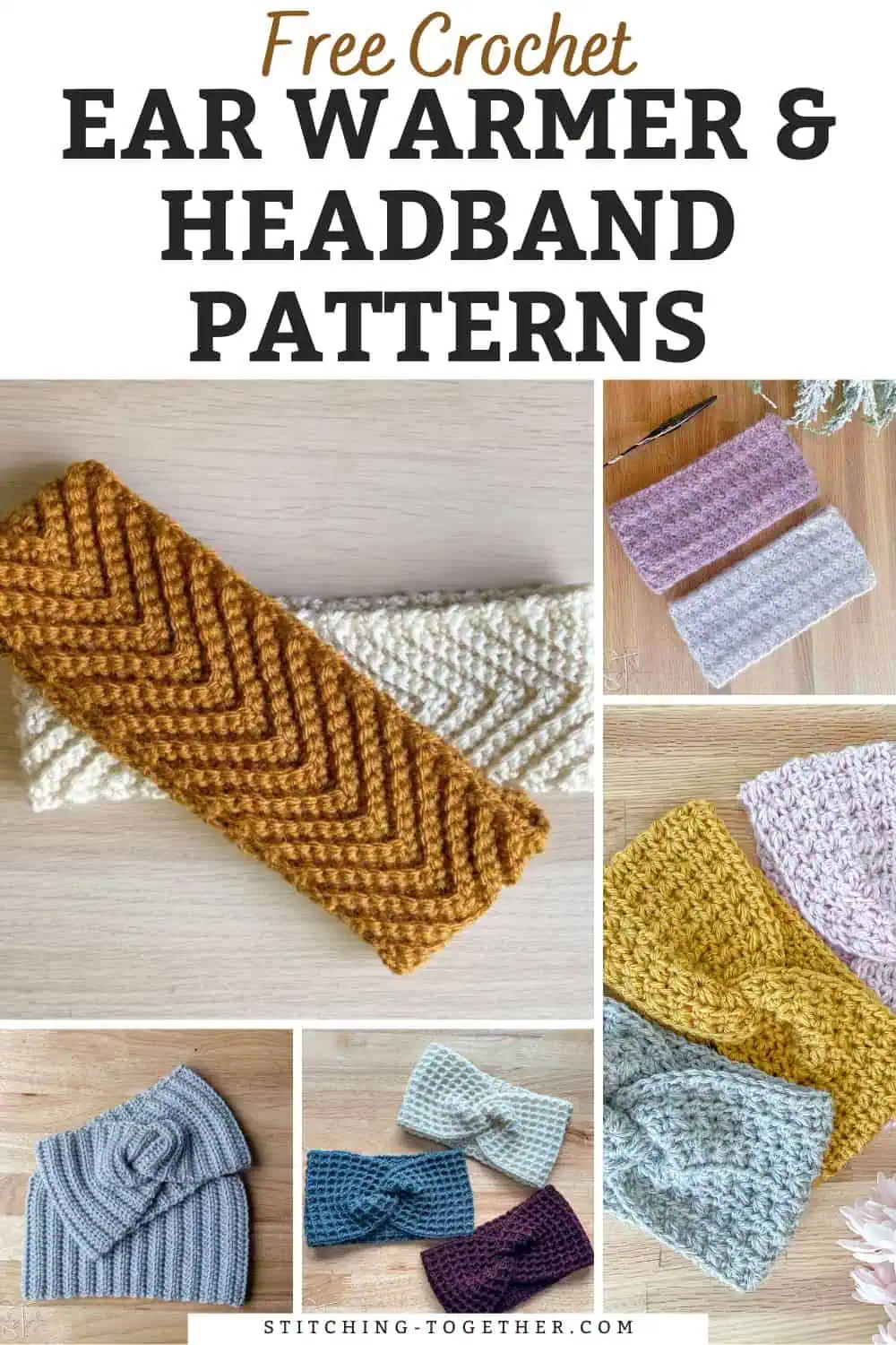 collage of different crochet ear warmers with text reading "free crochet ear warmer & Headband Patterns"