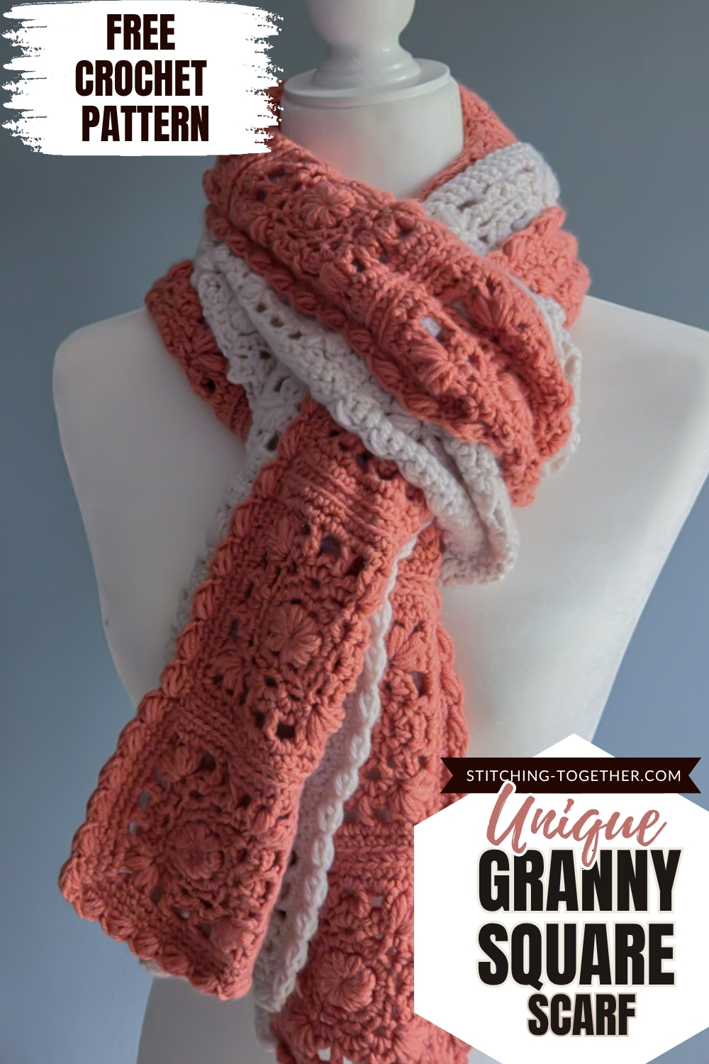 two toned crochet scarf pattern with text overlay reading "free crochet pattern Unique Granny scarf scarf."