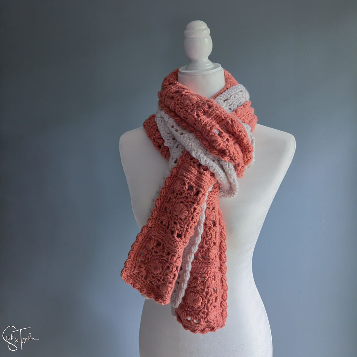 lacy crochet scarf on a mannequin
